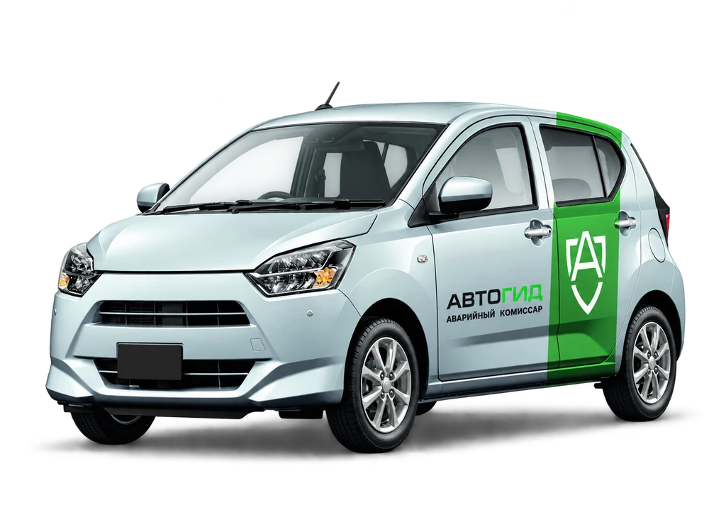 Фирменный автомобиль Автогида с зелёной полосой и щитом